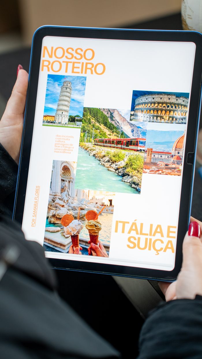 Digital itinerary with landmarks from Italy and Switzerland displayed on a tablet.
